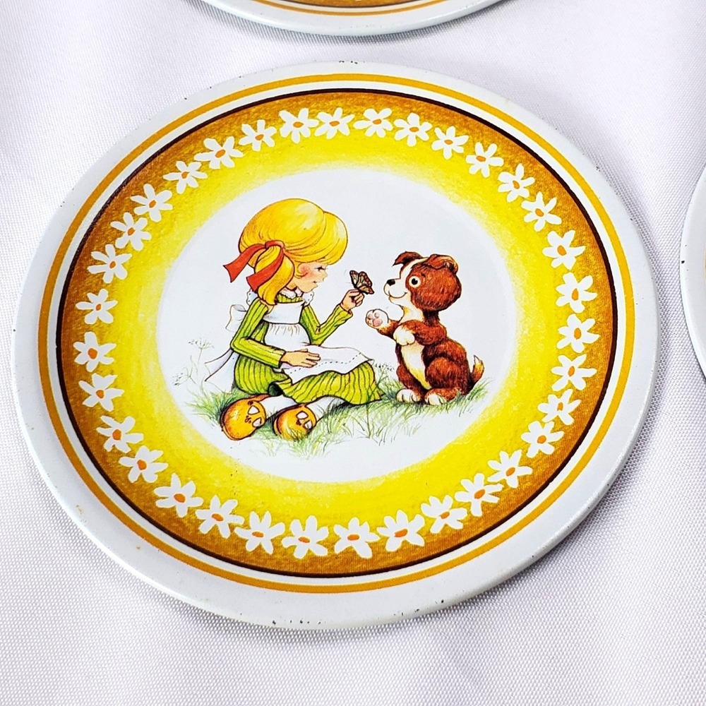 VTG Holly Hobbie Friends 70s Litho Metal Play Tea Set Plates Pretend Doll Lot 12 - Picture 5 of 16